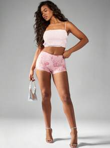 MISSGUIDED Short de danse à micro-sequins floraux, coupe ajustée des fesses, tenue de performance pour festival, bas à taille haute, short étincelant pour soirée et sortie en club - Rose bonbon - Voir 5