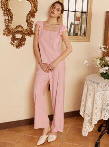 2pcs Women Lace Round Neck Pajama Set - Dusty Pink - View 6