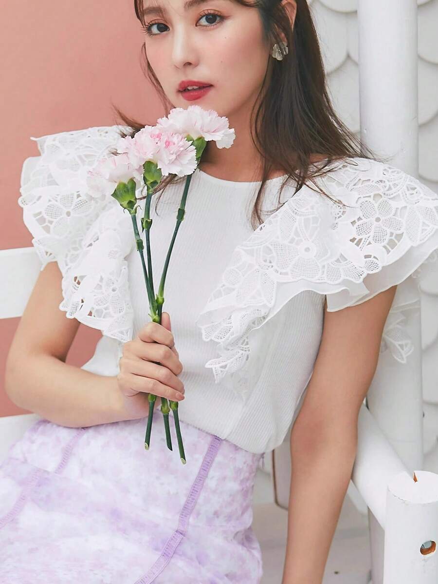 FRIFUL 1 chiếc áo thun nữ cổ tròn chắp vá ren bó sát, áo xếp nếp dễ thương - trắng - Xem 1