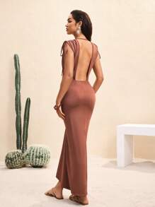 BY FELIZIA Brown Solid Ruched Shoulder Deep V Neck Sleeveless Backless Sexy Seafish Drapes Maxi Dress Summer Dress Vacation Sundress For Women - Brown - View 2