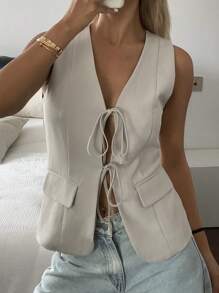 Livesso 女士复古硬币图案V领无袖背心，中国风薄款外套，系带商务装