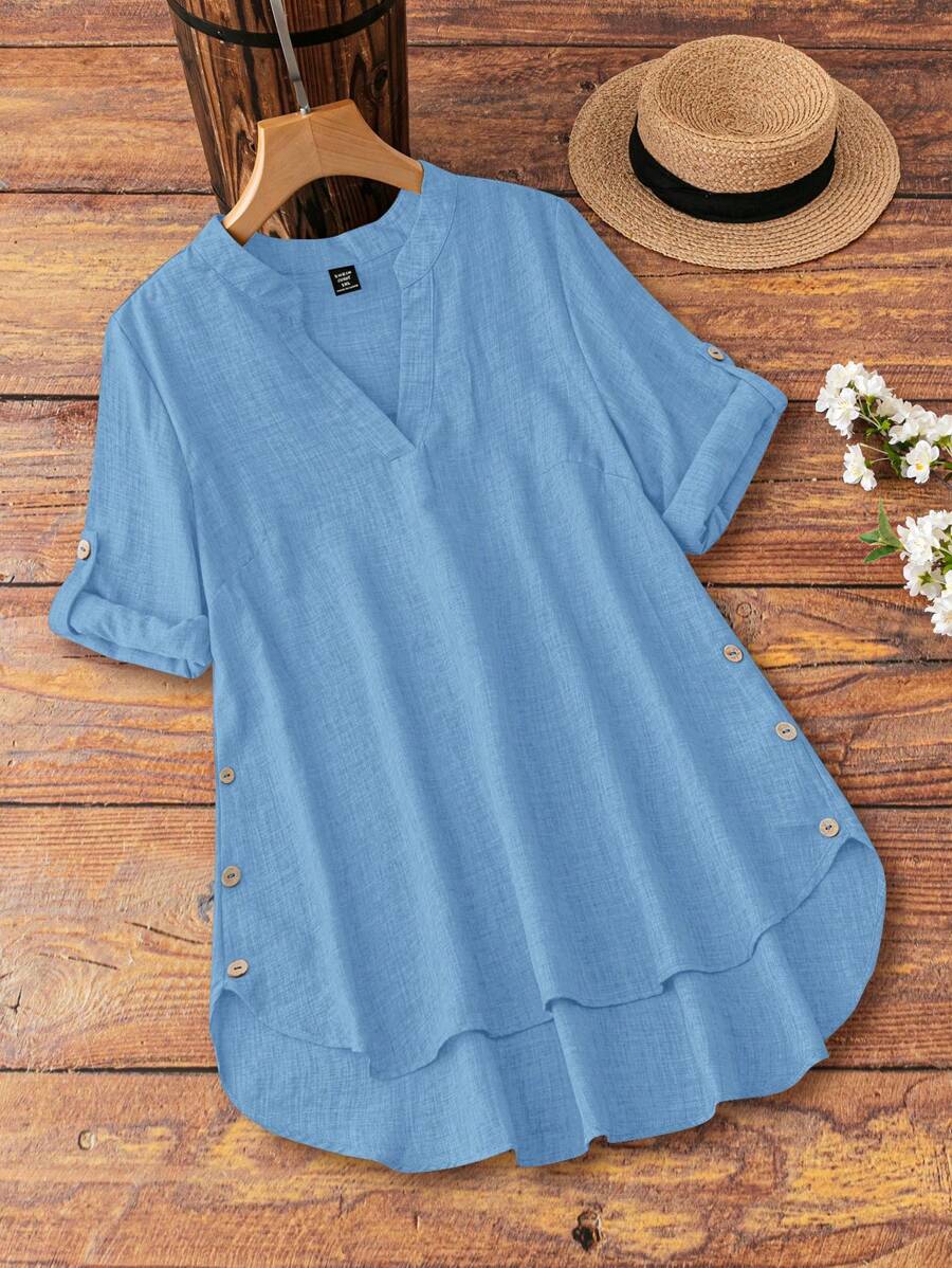EMERY ROSE Plus Size Women's Solid Color V-Neck Short Sleeve Casual Shirt - Baby Blue - View 1