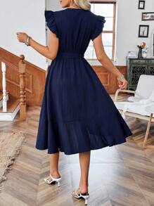 SHEIN LUNE Women's Casual Solid Textured Tie-Up V-Neck Ruffle Trim Short Sleeve Basic Mid-Length Dress, For Summer Outings