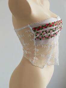 SHEIN Unity 女士花卉刺绣网眼拼布抹胸上衣