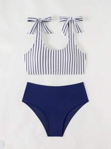 SHEIN Swim Striped Printed Twist Bikini Swimsuit (Print Random), Summer - Multicolor - View 3