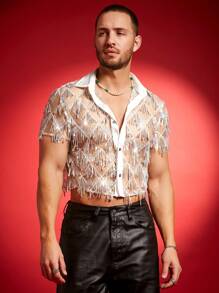 FeverCity Sequin Embellished Polo Collar Short Sleeve Fashionable Shirt For Men - White - View 1