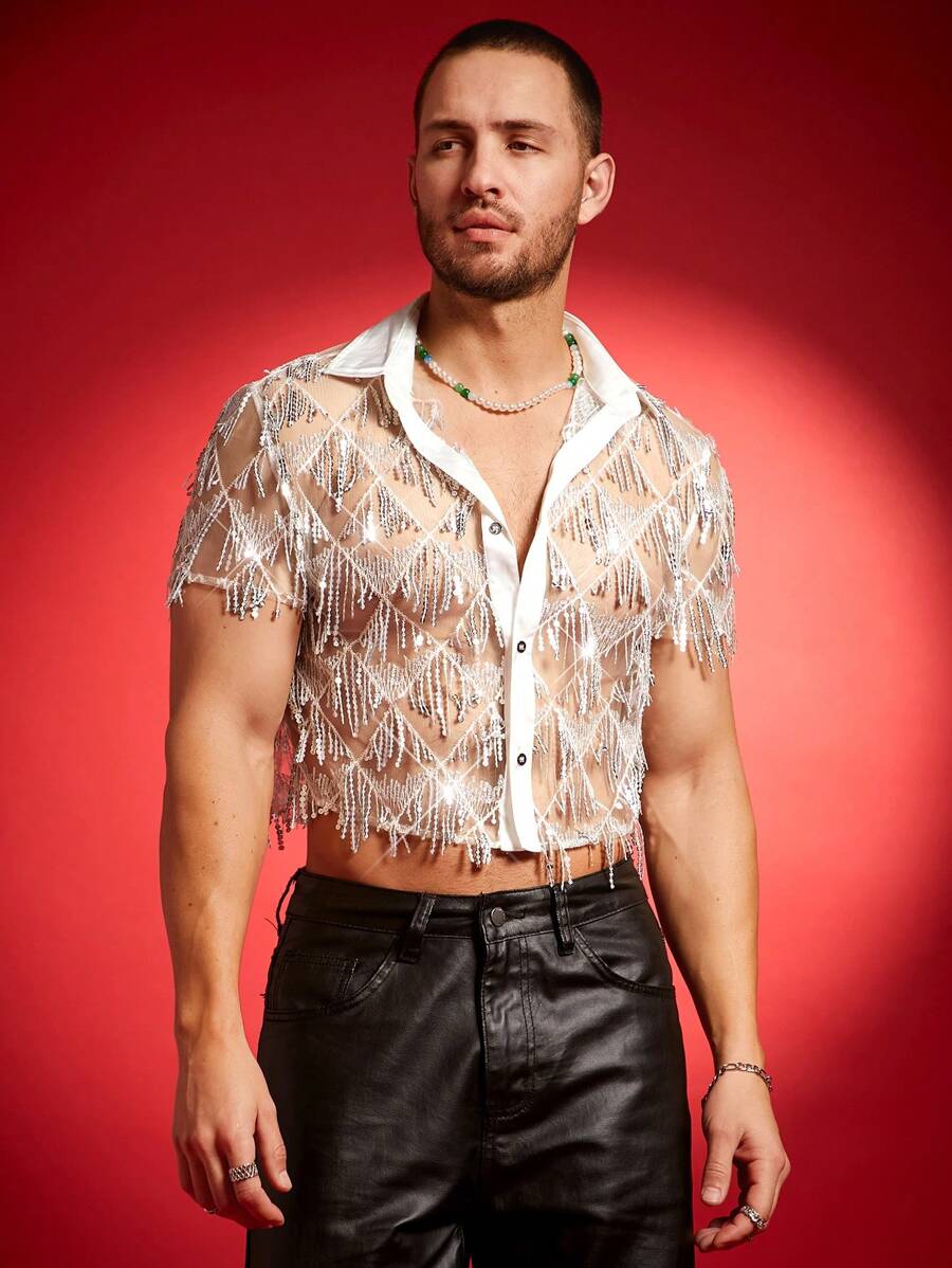 FeverCity Sequin Embellished Polo Collar Short Sleeve Fashionable Shirt For Men - White - View 1