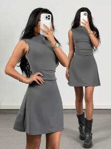 Coolane Kids Tween Girls Spring/Summer High Neck Cinched Waist A-Line Dress - Grey - View 7