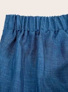 SHEIN PETITE Pantaloni lunghi casual di alta qualità di colore blu scuro con tessuto lavorato, in taglie comode, con vita elastica e gamba ampia, design semplice e versatile, adatti per uso quotidiano, pendolarismo, attività del tempo libero, fotografia - comodi, eleganti e ottimo rapporto qualità-prezzo