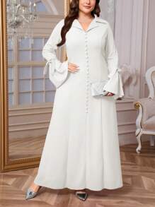 SHEIN Privé Plus Size Spring/Autumn Elegant Shirt Collar V-Neck Ruffle Sleeve Tied Bow Loose High Tolerance Dress, Red, Long Sleeve For Women - White - View 5