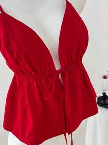 Elamini 女士性感纯色系带 V 领吊带背心，夏季 - 紅色 - 查看 4