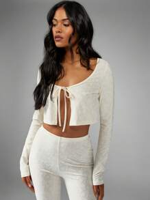 MISSGUIDED 弹力针织系带长袖短款上衣和高腰七分裤套装纹理套装家居服运动健身瑜伽舞蹈套装春夏休闲两件套服装 - 杏色 - 查看 4