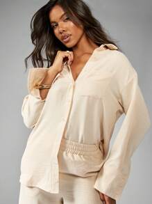 MISSGUIDED 两件套Co-Ord套装超大纽扣羽绒衬衫阔腿裤休闲装度假装暑假海滩休闲办公装套装 - 卡其色 - 查看 3