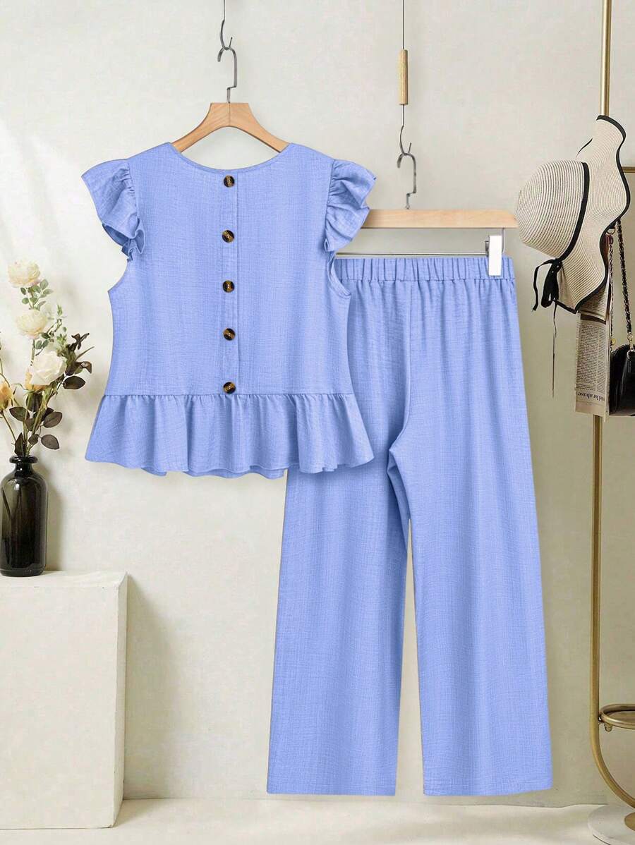 SHEIN LUNE 2pcs Women Casual Solid Color Ruffle Trim Top And Trousers Set, Summer - Blue - View 1