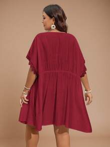 SHEIN VCAY Plus Size Solid Color Short Sleeve Mesh Simple Fashion Kimono, Suitable For Summer - Burgundy - View 2