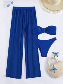 Summer Beach U Wired Bandeau Bikini With Beach Pants - Royal Blue - View 3