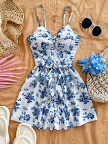 Soleia Combinaison large à jambes large avec imprimé floral romantique, à croisillon devant noué et froncé. Convient pour les vacances