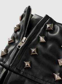 ROMWE Avant Váy mini Kpop cạp thấp xếp ly trang trí đinh tán Punk dành cho nữ, phong cách lễ hội âm nhạc - màu đen - Xem 7