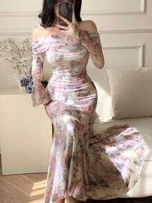 DAZY Mid-Length Floral Print Wrap Dress For Women, Spring/Summer Elegant Off Shoulder Top Easter - Multicolor - View 1