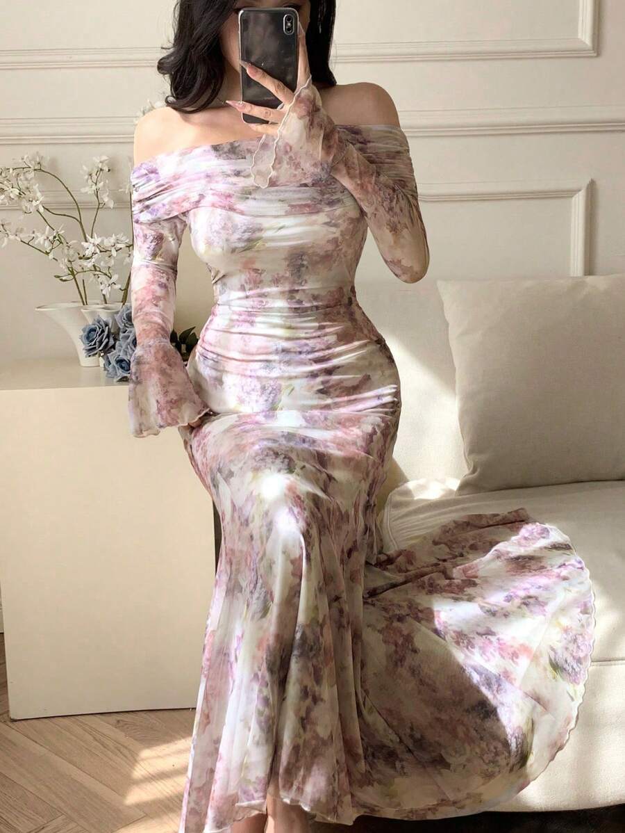 DAZY Mid-Length Floral Print Wrap Dress For Women, Spring/Summer Elegant Off Shoulder Top Easter - Multicolor - View 1