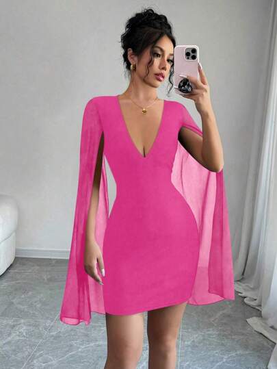 Elenzga V-Neck Sexy Wide Sleeve Body-Con Mini Dress For Women