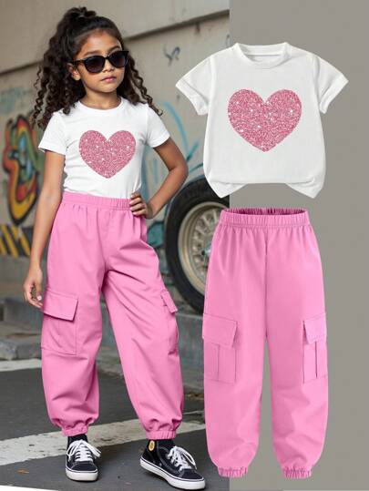 2pcs Girls Casual Graphic Print Short Sleeve T-Shirt And Pants Set, Suitable For Summer