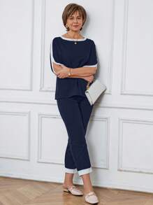 Miaspire 2pcs Women Casual Set: Ribbed Hem Round Neck Short Sleeve Top And Pants