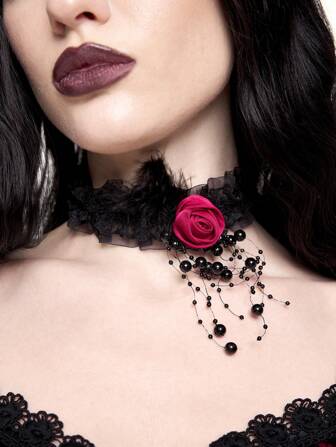 Grunge Punk 1pc Women Lace Rose Necklace, Suitable For Everyday Wear