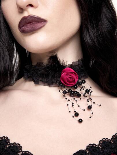 Grunge Punk 1pc Women Lace Rose Necklace, Suitable For Everyday Wear