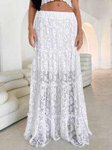 Roylia Falda larga de línea A con olán de encaje texturizado