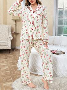 CottageSlumber 泡泡褶皱花卉印花翻领长袖上衣和裤子睡衣套装，秋冬舒适优雅细节