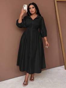 Maweii Dimensiuni plus mari, culoare solidă, guler cămașă, buton în față, mânecă mijlocie, plisată, ocazională, rochie midi, ținută maxi pentru femei