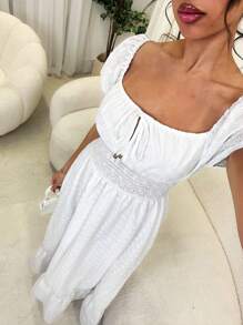Glamine Women's Summer Ruffled Tie Front Embroidery Decor Solid Color Romantic Vacation Dress - White - View 1