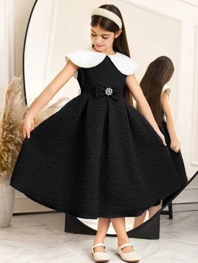 SHEIN 青少年女孩优雅编织纹理花卉提花彼得潘领珠饰腰部褶皱摇摆连衣裙