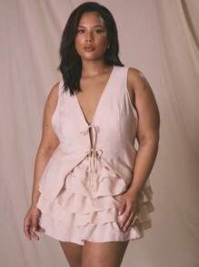 MUSERA Plus Size Tie Up Woven Waistcoat For Holiday, Elegant - Khaki - View 1