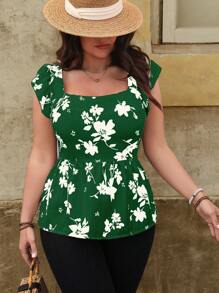 SHEIN LUNE Plus Size Women Floral Pattern Ruffle Cap Sleeve Blouse Easter Wear - Green - View 6