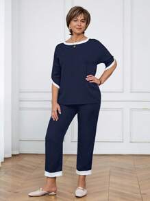 Miaspire 2pcs Women Casual Set: Ribbed Hem Round Neck Short Sleeve Top And Pants