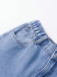 Tween Girl 休闲牛仔裤，时尚蝴蝶刺绣设计，百搭，直腿喇叭裤，不含上衣 - 中等水洗藍 - 查看 6