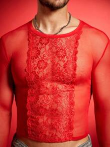 FeverCity Men's Sexy Lace Patchwork Sheer Crop Top T-Shirt - Red - View 5