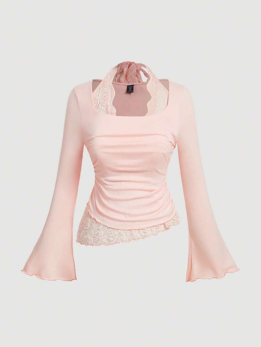 SHEIN MOD قميص نسائي كلاسيكي بأكمام كاملة وياقة ملفوفة من الدانتيل ومفصل بشكل غير متماثل. مناسب للمناسبات الرسمية والدنيئة وعيد الميلاد وعيد الحب. مناسب للسيدات ذوات الحجم الكبير، مصنوع من أنسجة ربيعية عصرية - وردي - مشاهدة 1