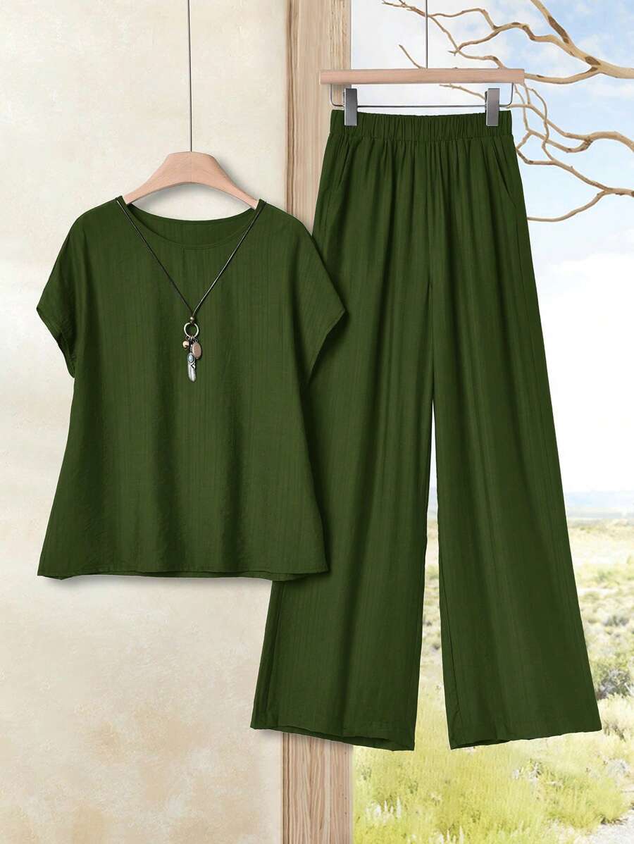 Rusticease 2pcs Women Solid Color Holiday Casual Shirt And Pants Set,Summer Sets - Green - View 1