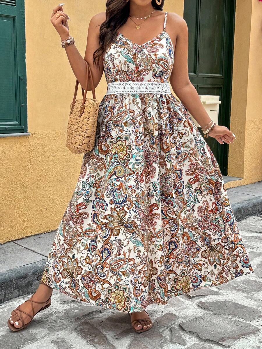 SHEIN Clasi Plus Size Paisley Print Spaghetti Strap Lace Trim Slit Dress - Multicolor - View 1