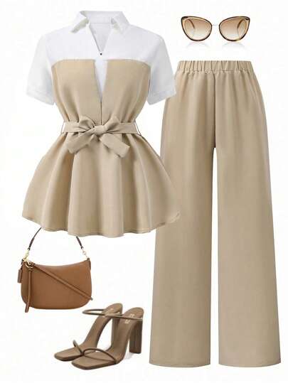 2 Pieces Outfit For Teen Girls, Stand Collar 2 In 1 Short Sleeve Top + Long Pants Set, Khaki, Commute