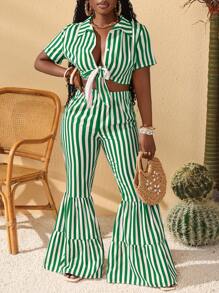 Slaydiva Spring/Summer New Music Festival, Easter, Nashville, Birthday Party, Graduation Season, Student, Daily, Casual, Vacation, Cruise Travel, Beach, Sunbathing Striped Print Top And Tie-Up & Ruched Wide Leg Pants Women Set - Green - View 1