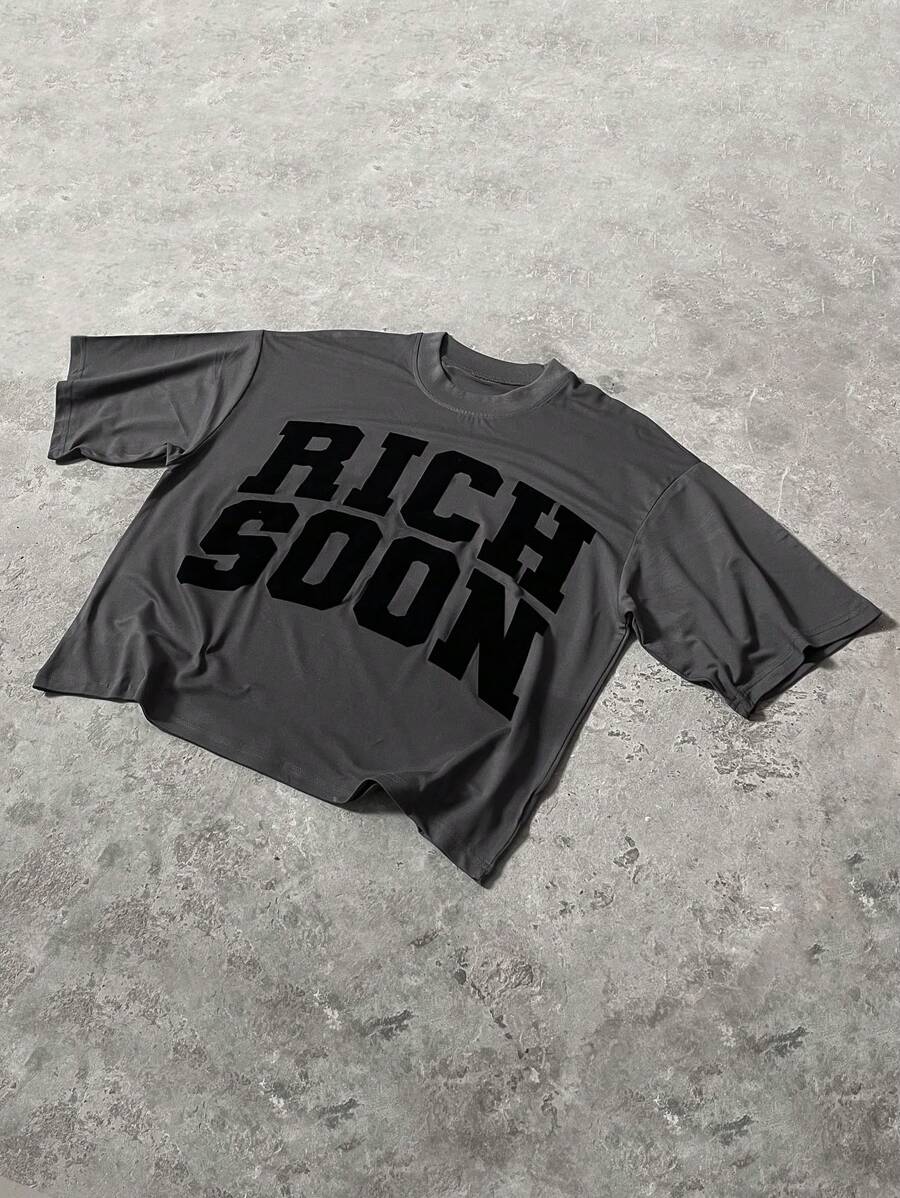Manfinity EMRG Herren Oversize-Passform Rundhals T-Shirt mit Buchstaben-Flockdruck und Kurzarm - Dunkelgrau - Übersicht 1