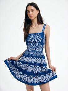 Femmeiva Blue & White Porcelain Retro Print Adjustable Waist Suspender Dress, Holiday Style With Contrasting Patterns, Short Dress For Women - Navy Blue - View 1