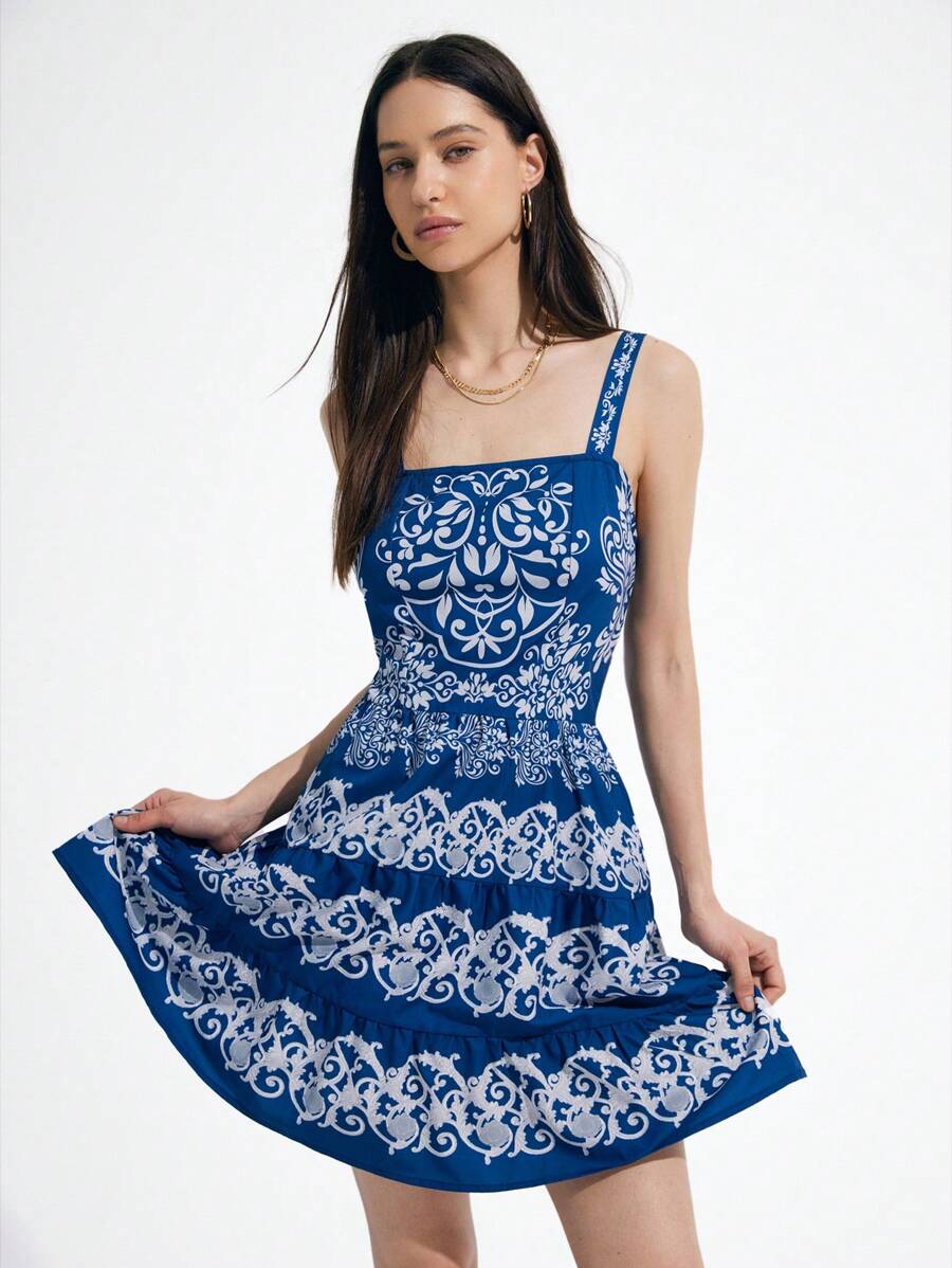 Femmeiva Blue & White Porcelain Retro Print Adjustable Waist Suspender Dress, Holiday Style With Contrasting Patterns, Short Dress For Women - Navy Blue - View 1