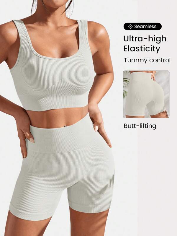 Seamluxe SHEIN Sport Ribbed Knit Wideband Waist Sports Set Workout Women Setwomen Workout Set Gym Women Outfit