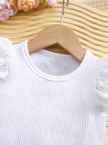 Baby Girl Casual Simple Versatile White Hollow Embroidery Patchwork Ribbed Knit Blouse Top, Spring/Summer - White - View 5
