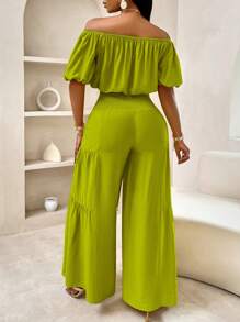 SOLERSUN Summer Beach Vacation Style One-Shoulder Puff-Sleeved Ruffled Strapless Crop Top & Wide Leg Pants Set For Summer